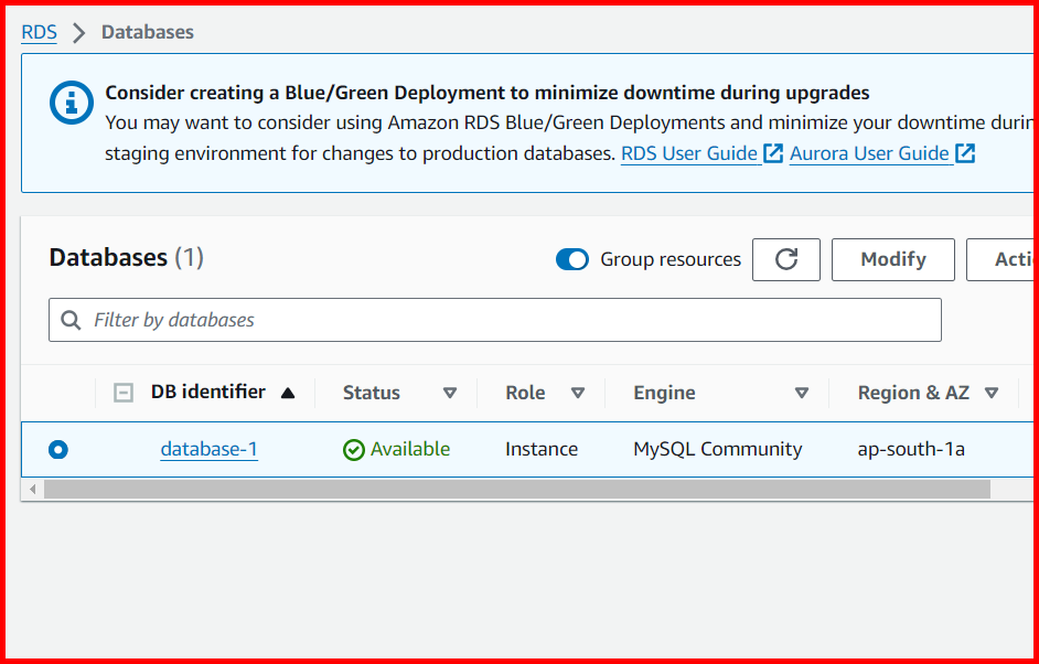 Picture showing a RDS instance created in AWS console